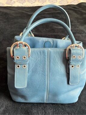 Structured Blue Leather Satchel Handbag with Buckle Accents